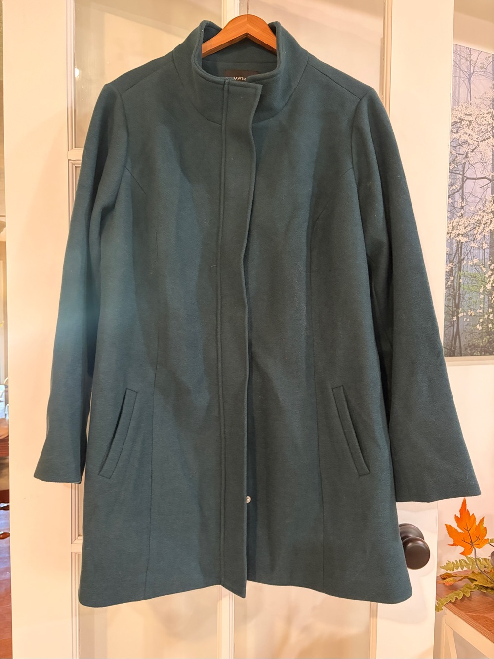 41 Hawthorn Wool Like Coat Women Forest Green Teal Stand Collar Snap 1X Classic